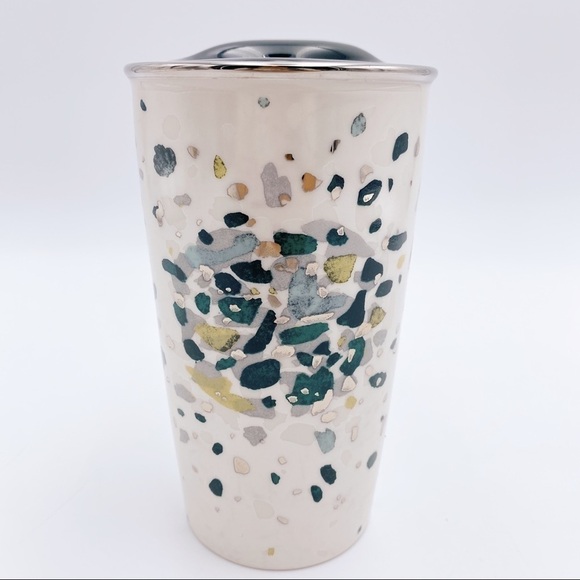STARBUCKS 2014 Metallic Green Gold Flecks Ceramic Travel Mug Tumbler 12oz - Picture 1 of 8
